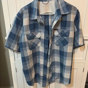 Orvis Blue Plaid Short Sleeve Button-Up Outdoorsy Utility Camp Shirt